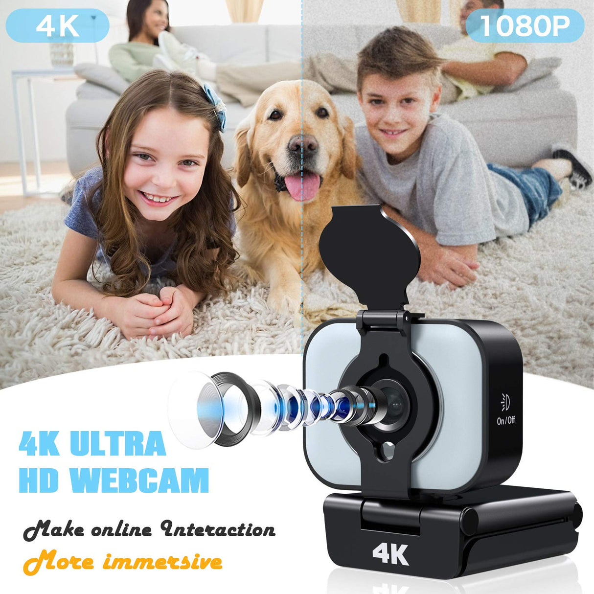 4K HD Webcam with Adjustable Fill Light and Privacy Cover USB Camera with Microphone Wide Screen Pro Streaming