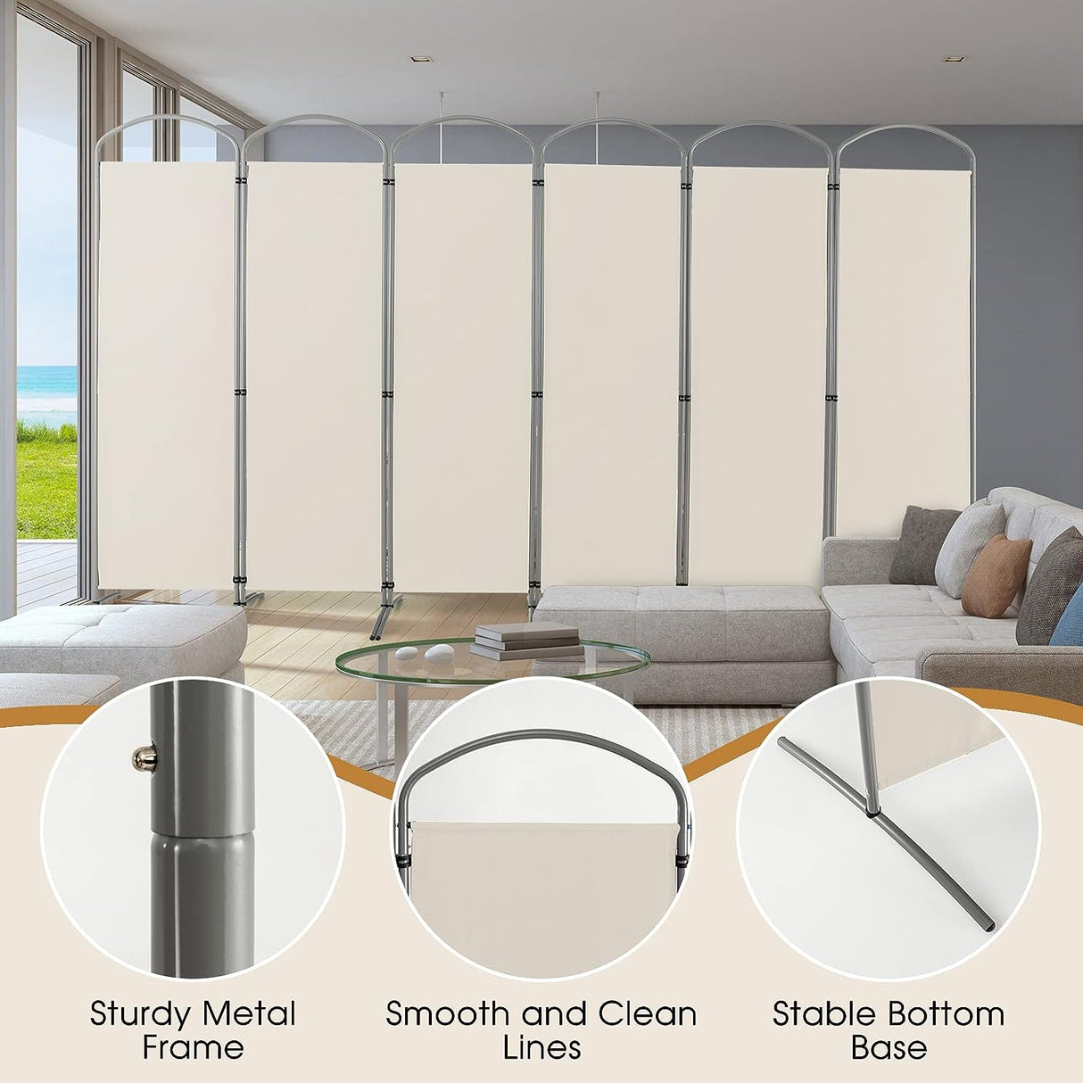 6-Panel Folding Room Divider, Privacy Screen, Portable Polyester Fabric Wall Divider and Separator, Freestanding Privacy Protection for Living Room, Bedroom, Office