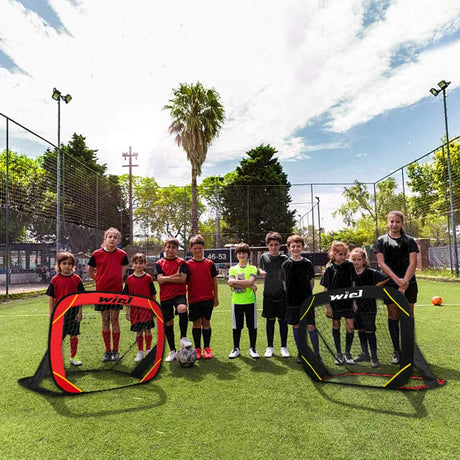 Pop Up Soccer Goals, Set of 2 Portable Kids Soccer Nets for Backyard Training and Team Game, 48x32 Inches Foldable Red/Black Goal Set with Carry Bag Includes Mesh Ball Compartment