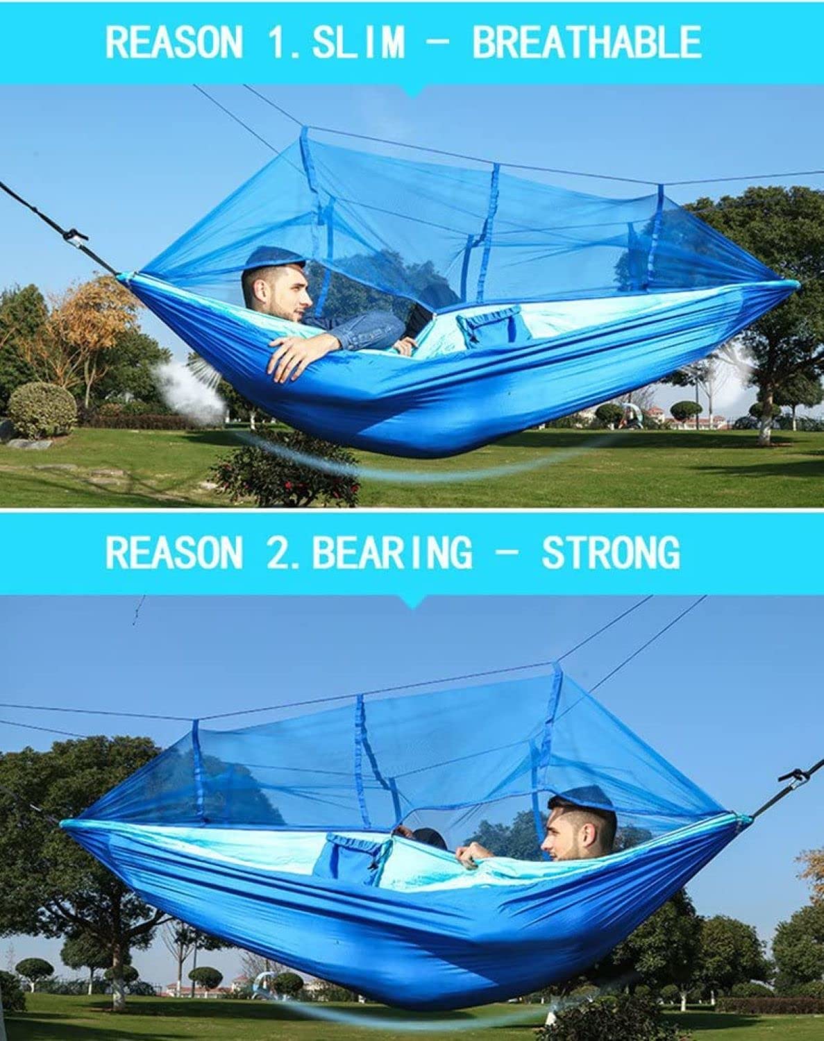 Hammocks with Net, Mosquito Net Hammock for Camping Portable Nylon Hammocks Parachute Lightweight with Tree Straps, Garden Swing Hammock for Outdoor Hiking Travel (Blue&Sky Blue)