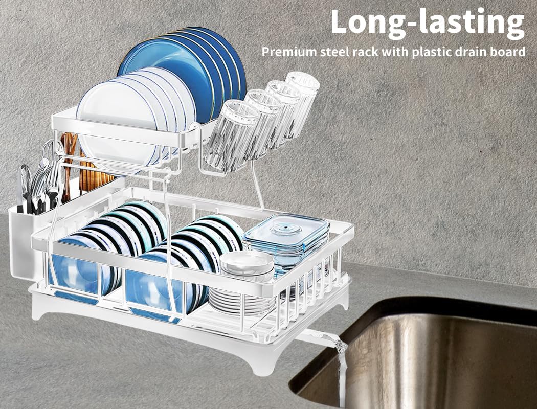 Detachable Dish Drying Rack Cutlery Drainer Utensiles Organizer Cup Kitchen Storage Drainage Board 2 Tier White