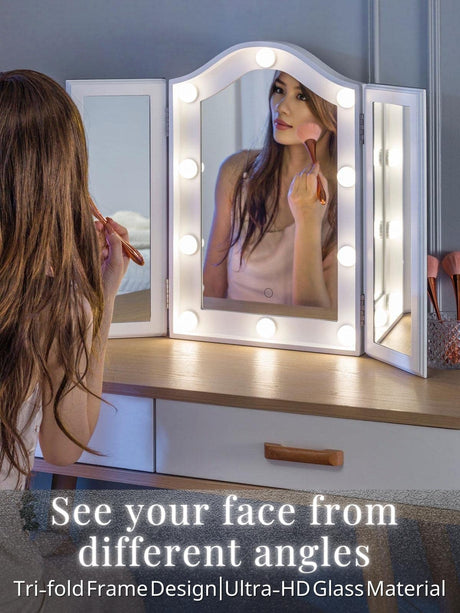 Vanity Lighted Tri-fold Makeup Mirror with 10 Dimmable LED Blubs, Touch Control Lights Tabletop Hollywood Cosmetic Mirror