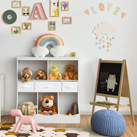 Kids Bookcase Cabinet, Storage Organizer for Toddlers w/2 Shelves, 3 Bins & 3 Removable Drawers, Kids Shelf Freestanding Storage Unit for Children’s Bedroom Playroom, Kindergarten (White)