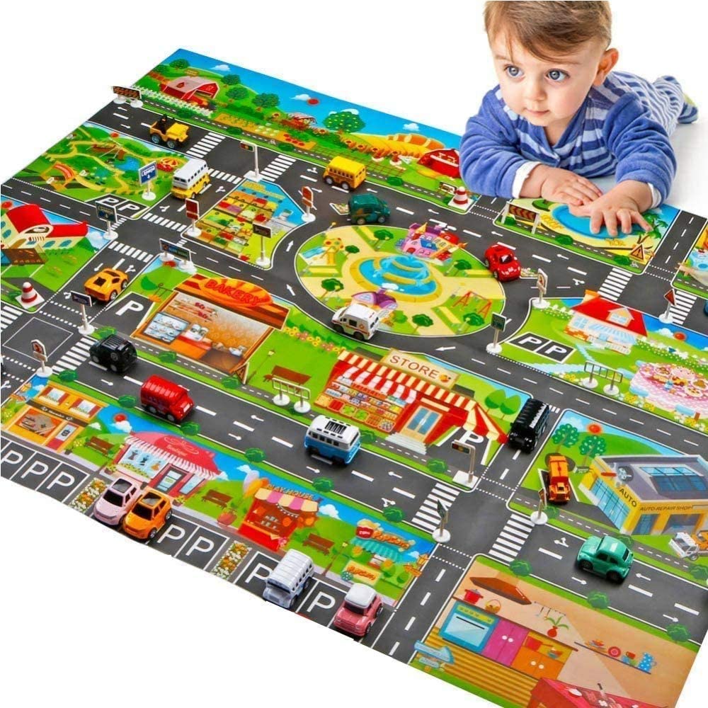 Kids Play Mat-Fun Play mat for Kids Educational Traffic Kids Play Mat-Include 6 Cars Washable,Waterproof PVC Non-Slip Fabric Large mat for Play Area, Playroom and Bedroom(130x100cm)