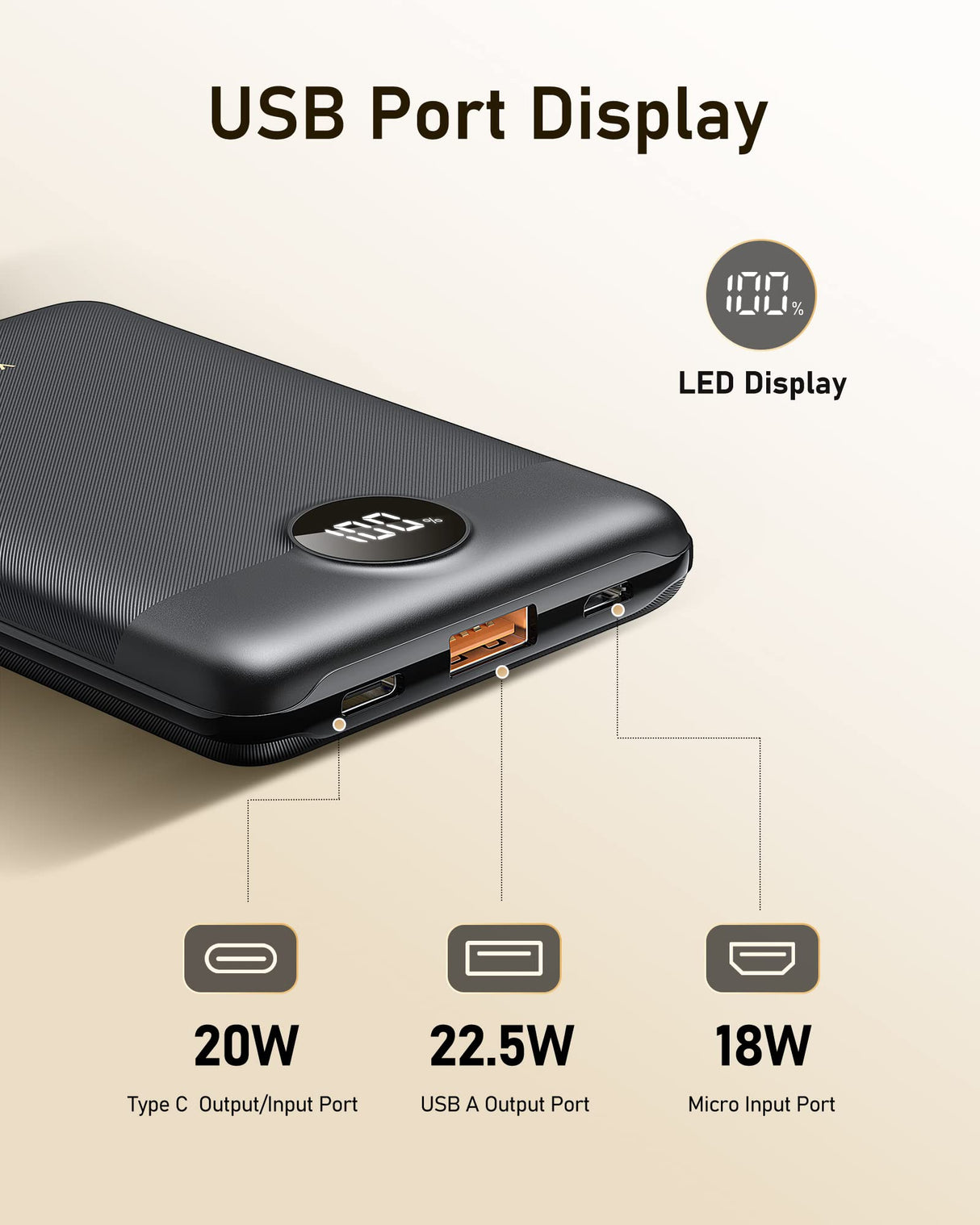 22.5W Mini Power Bank, 10000mAh USB C Ultra-Thin Portable Charger with PD 3.0, QC, VEEKTOMX Fast Charge Phone Battery Pack, Ultra-Compact Small External Battery for iPhone/Samsung and More(Black)