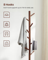 Wooden Coat Rack Tree with 8 Hooks, 3 Adjustable Sizes Free Standing, Solid Wood, Super Easy Assembly Hallway, Entryway Coat Hanger Stand for Clothes Suits (Brown)