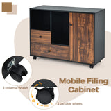 Retro Mobile Filing Storage Cabinet, Rolling Printer Stand Organizer w/ 2 Open Compartments & 2 Drawers, Wood Lateral File Organizer, Portable Side Storage Cabinet, for Home Office