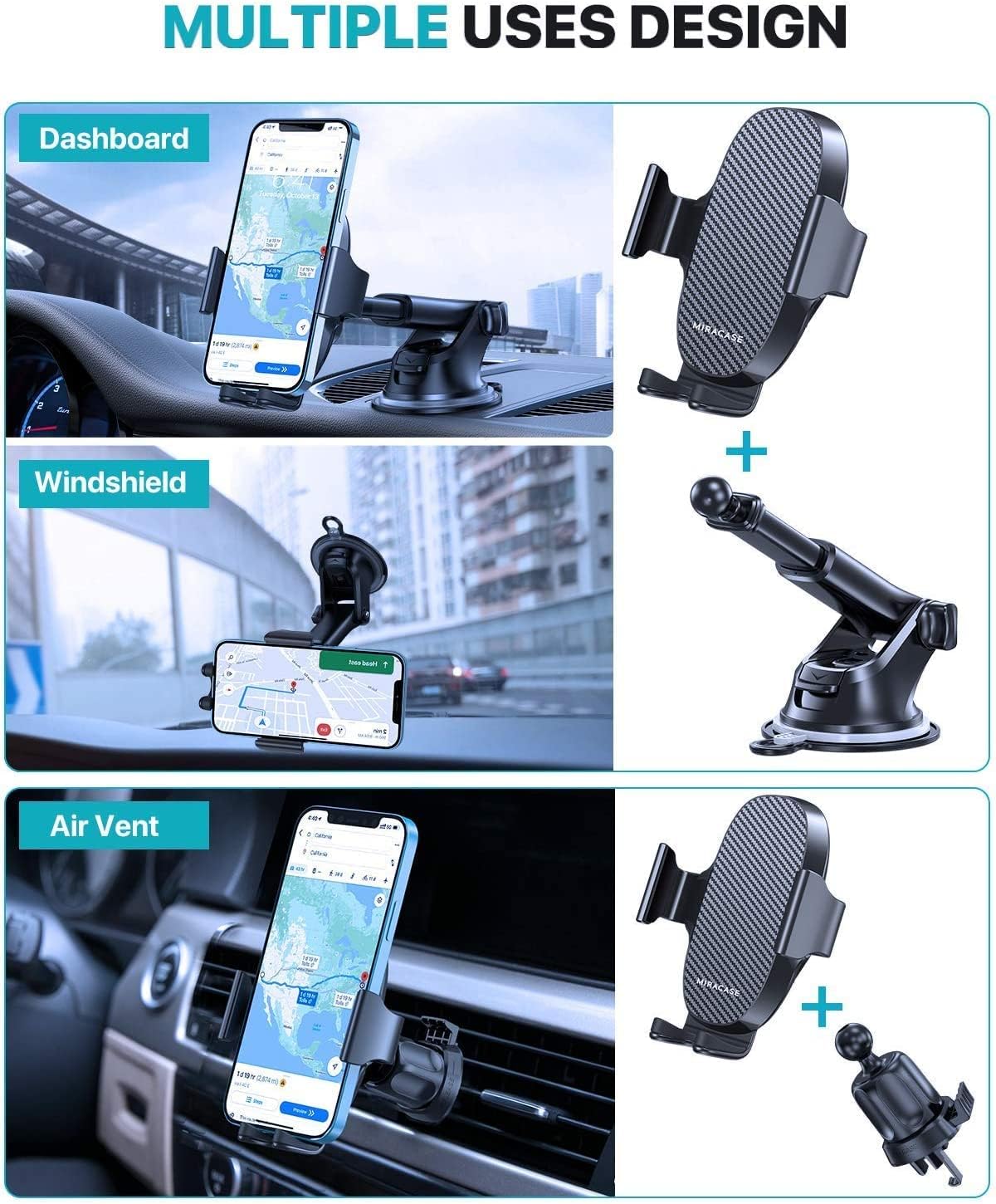 Ultra Stable & Strong Suction: Miracase Car Phone Holder, Car Phone Mount for Dashboard & Windshield & Air Vent, Compatible with iPhone 13 Pro Max 12 11 XR SE Samsung and More Smartphones