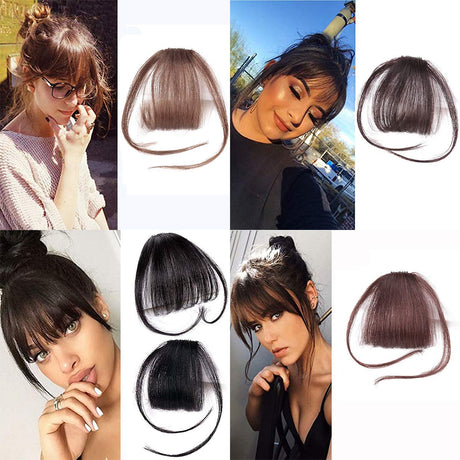 Thin Neat Air Bangs Clip in Hair Extensions Front Neat Bang Fringe One Piece Striaght Hairpiece Accessories (With Sideburn, Dark Brown)