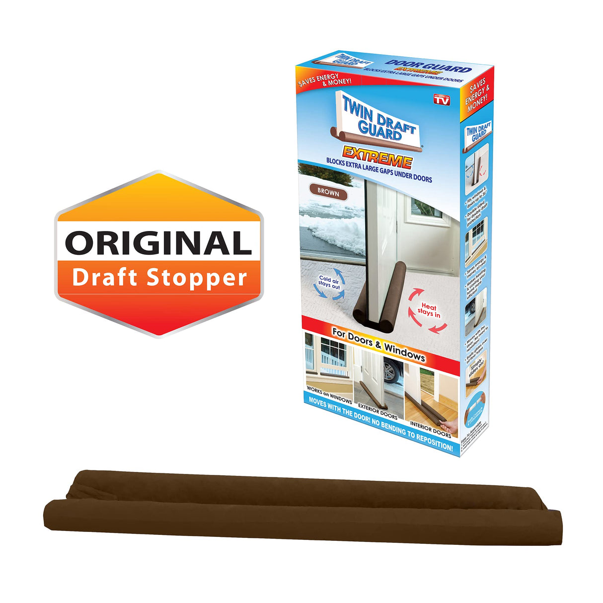 Twin Draft Guard Extreme, Original Door Draft Stopper, Single, Brown Year-Round Insulator, Trademarked and Patented Under Door Draft Stopper