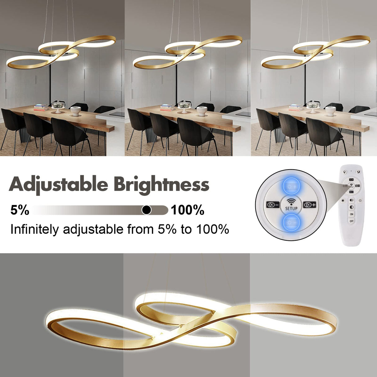 LED Modern Chandelier, Dimmable Pendant Light with Remote Control, Musical Note Shape Chandelier Lighting for Dining Rooms Bedroom Kitchen Restaurant, 100CM, 3000K-6000K, 68W, Gold