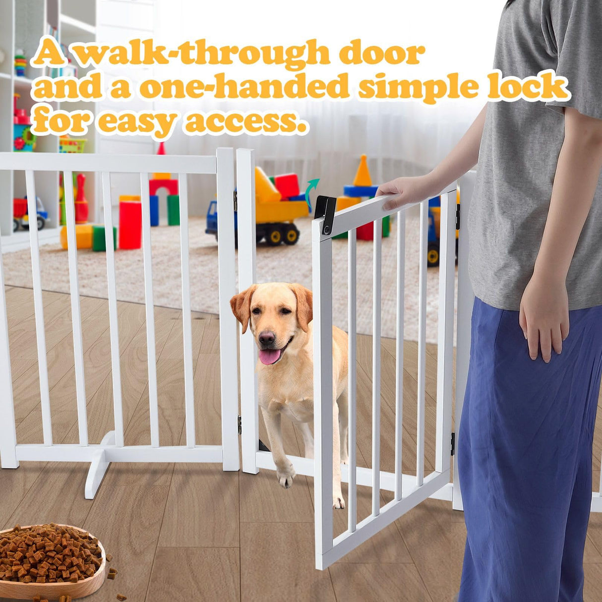 Freestanding Dog Gates with Walk Over Door,Pet Dog Gate Wooden,Foldable Dog Fence Pet Gate Puppy Safety Guard,Indoor Pet Playpen Cat Barrier Protection Net Stair Partition,White with 3 Panels