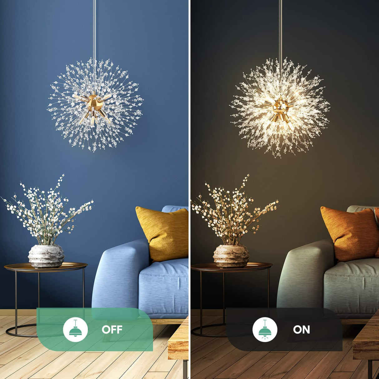 Modern Crystal Chandeliers Firework 8 Lights 40cm Diameter Bulbs Included Sputnik Ceiling Light Fixtures Semi Flush Mount Dandelion Pendant Light for Bedroom Living Dining Room Kitchen Foyer