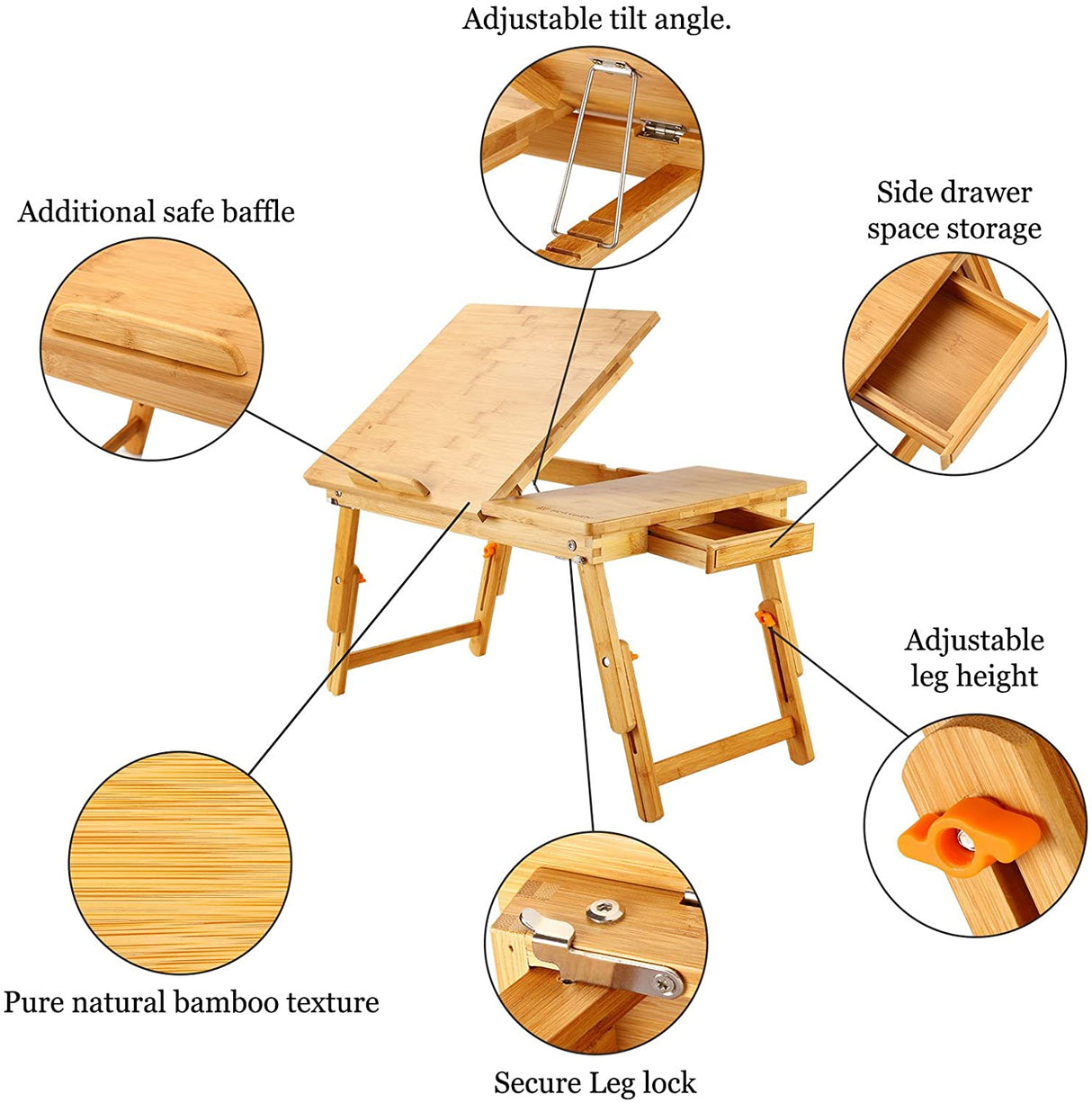 Laptop Desk Newvante Table Adjustable 100% Bamboo Foldable Breakfast Serving Bed Tray w' Tilting Top Drawer