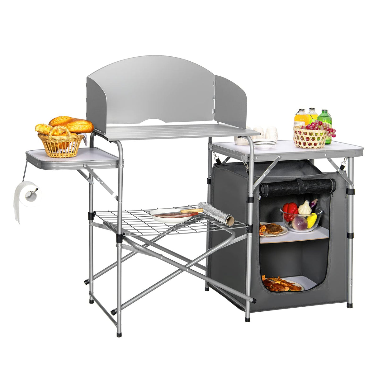 Outdoor Camping Table with Storage, Aluminium Folding Camp Kitchen with Windscreen, Zippered Storage Bag, Carrying Bag, Lightweight & Portable Picnic Grill Table for BBQ, Camping(Grey)