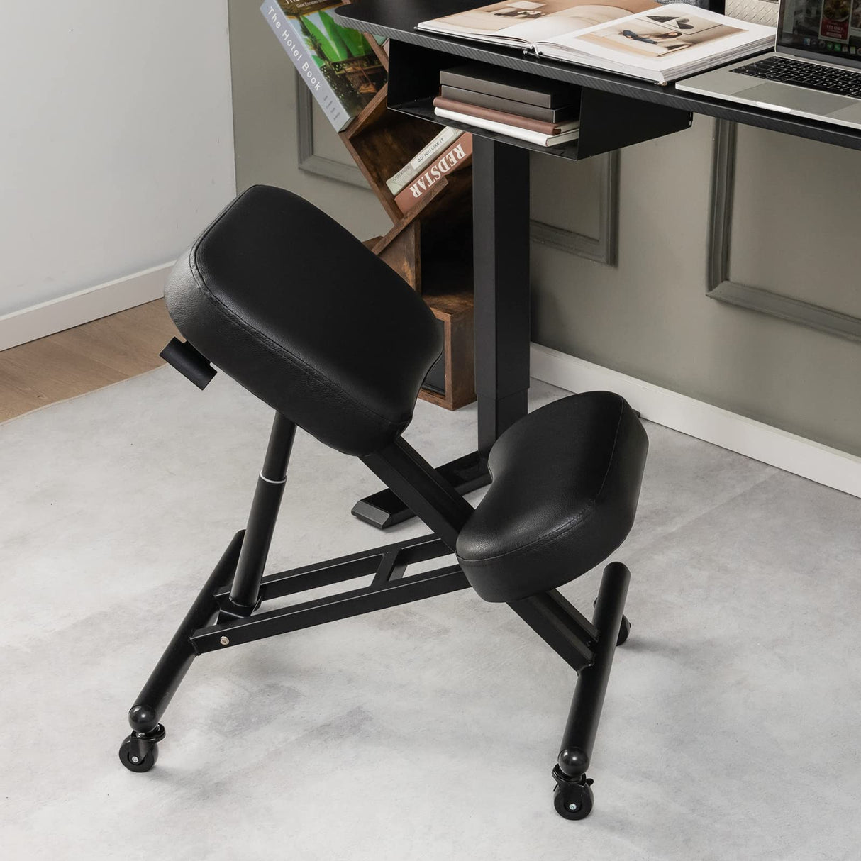 Ergonomic Kneeling Chair, Height Adjustable Kneeling Stool w/Smooth Gliding Wheels & Foam Padded Cushions, Angled Seat, Mobile Kneeling Chair for Home Office (Model 2, Black)