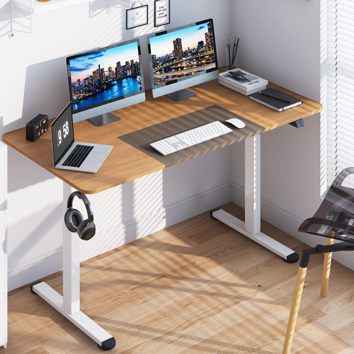 140 x 70cm Large Electric Standing Desk, Height Adjustable Sit to Stand Desk, Metal Frame & Powerful Motor, Button Controller, Headphone Hook, Ergonomic Standing Workstation