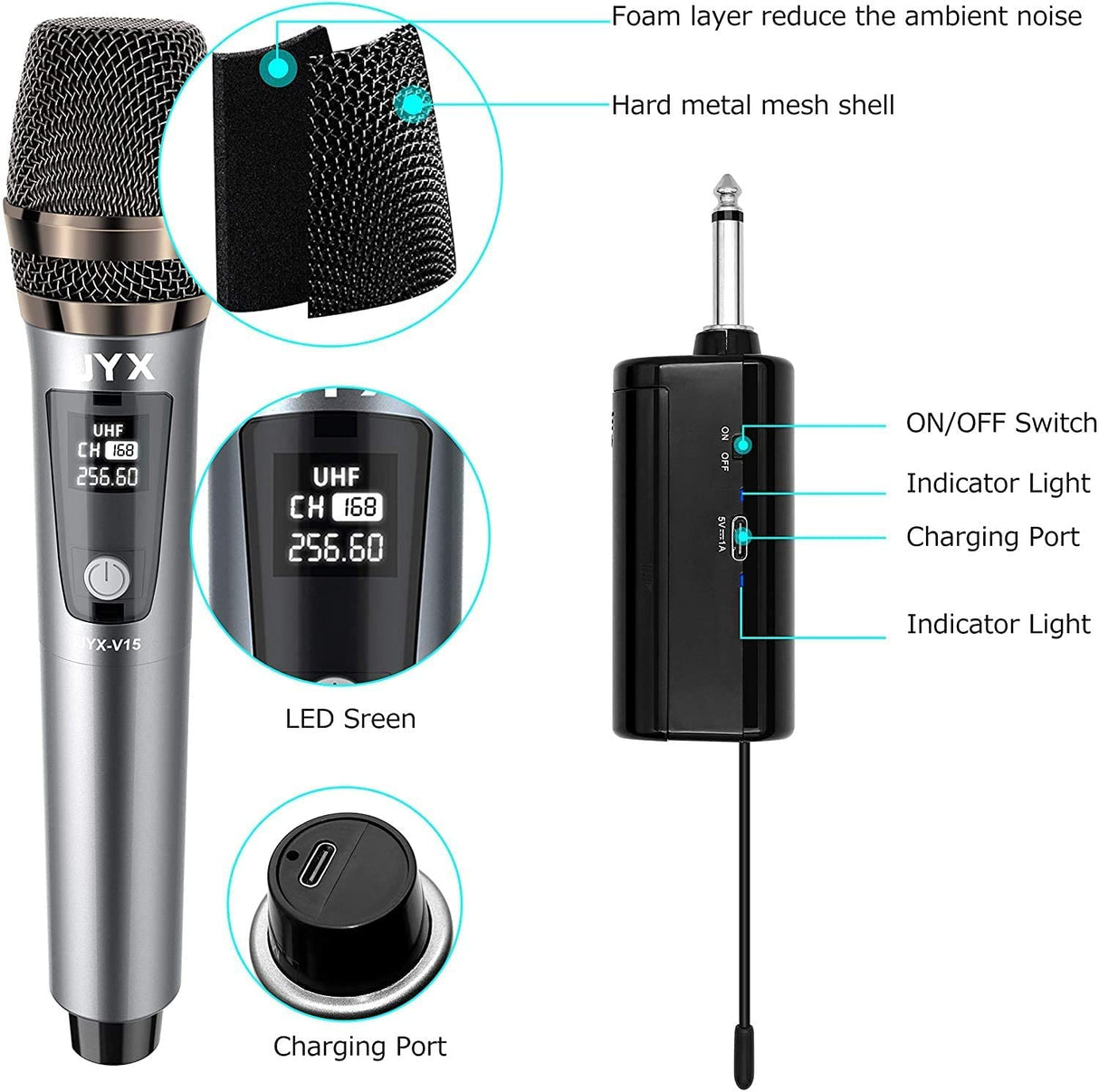 Wireless Microphone, Professional UHF Metal Handheld Dynamic Mic System with Rechargeable Receiver 1/4''(6.35mm) Plug, for Amplifier, PA System, Karaoke Singing, Wedding, Party, Speech, Church