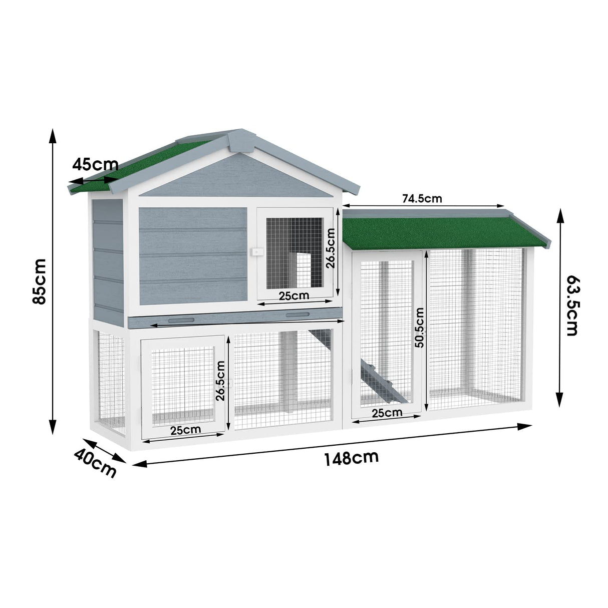 Rabbit Hutch Chicken Coop Waterproof Bunny Cage Outdoor Large Pet House Grey 145.5x45x85cm