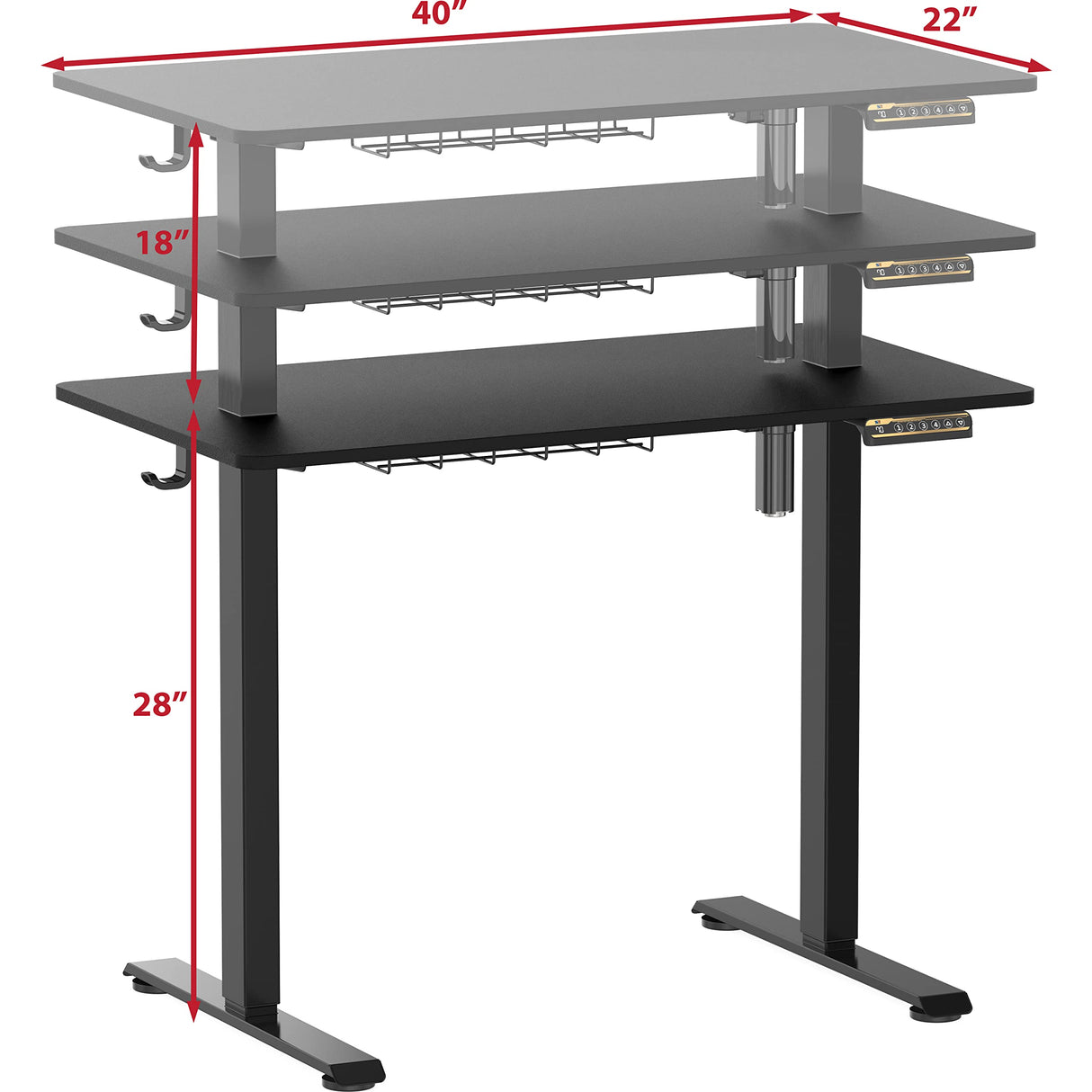 SHW Small Electric Height Adjustable Sit Stand Desk with Hanging Hooks and Cable Management, 40 x 22 Inches, Black Frame and Black Top