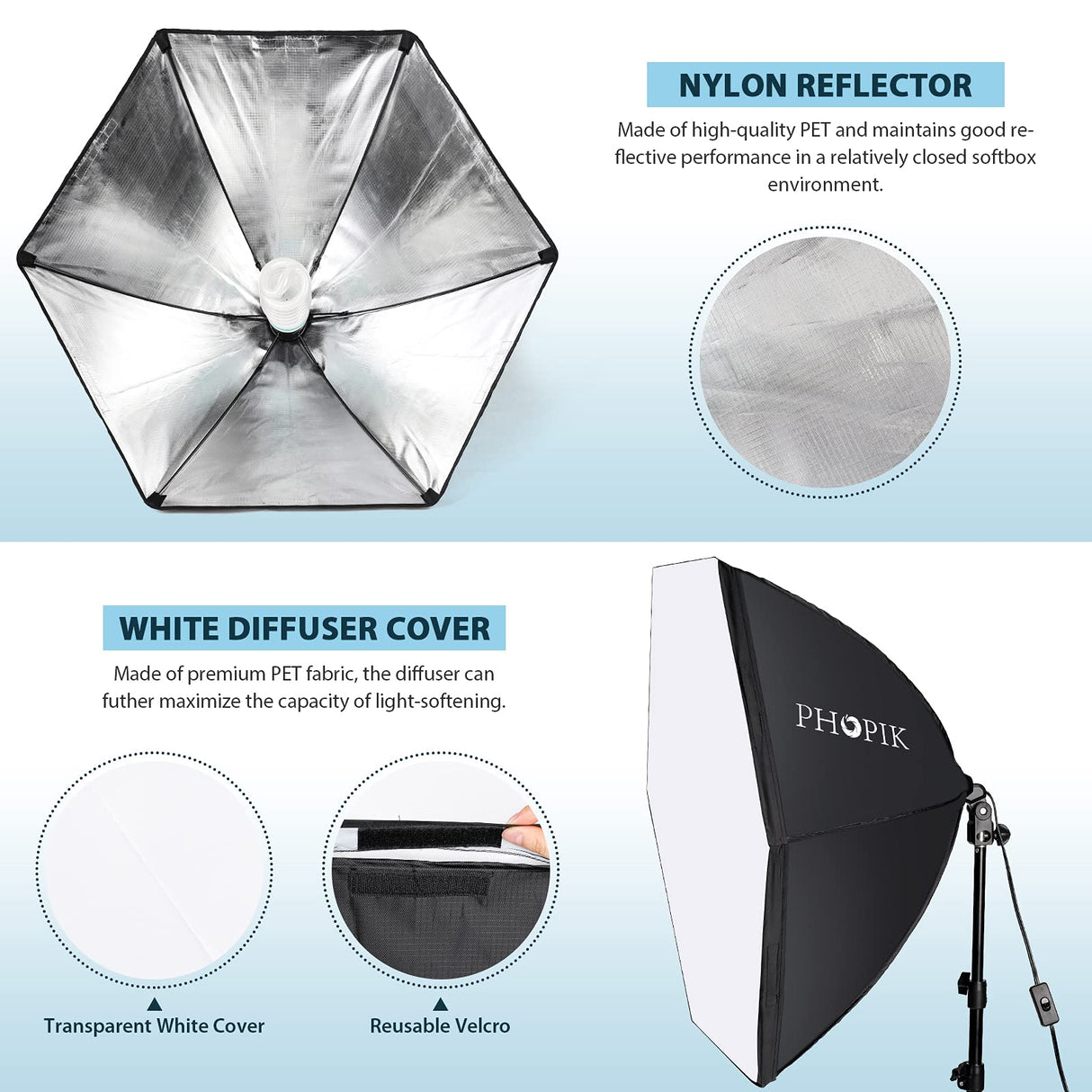 Softbox Photography Lighting Kit: Photo Studio Equipment 30 x 30 inches with E27 85W 5400K Light Bulb and Adjustable Height Light Stand for Filming Video, Photo Shooting and Streaming