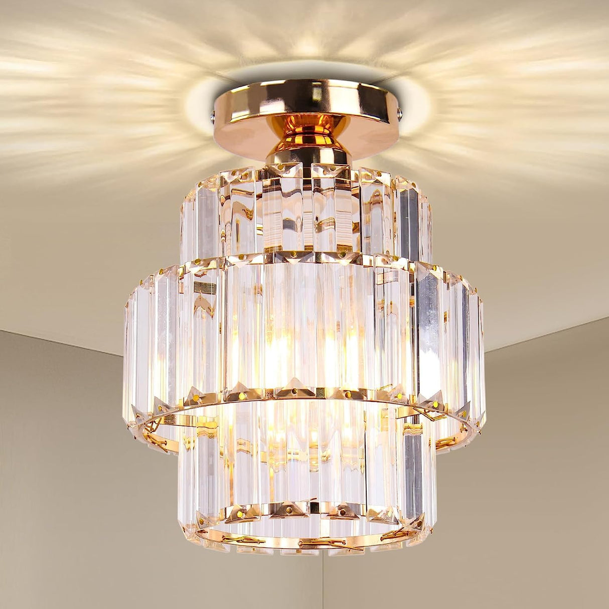 Mini Chandelier Crystal Chandeliers Lighting Flush Mount Ceiling Light Double-Layers Crystal Modern Chandelier Lighting Fixture for Bedroom Hallway Bar Kitchen Bathroom(Gold)