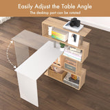 Office Desk Rotating Desk, Wooden Study Desk Table with Storage Shelves, Corner Desk Movable Laptop Table, White & Wood Computer Desk