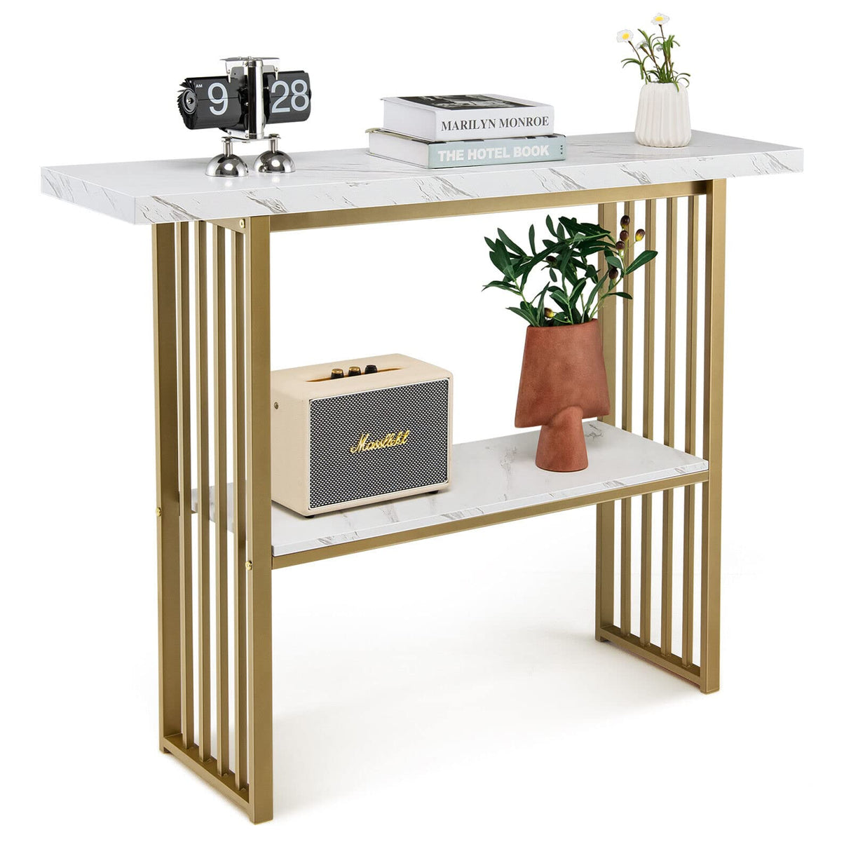 2-Tier Console Table, White Faux Marble Sofa Table w/Open Shelf, Gold Steel Frame, Modern Entryway Table Compact Rectangular Foyer Table, Narrow Couch Table for Living Room, Hallway