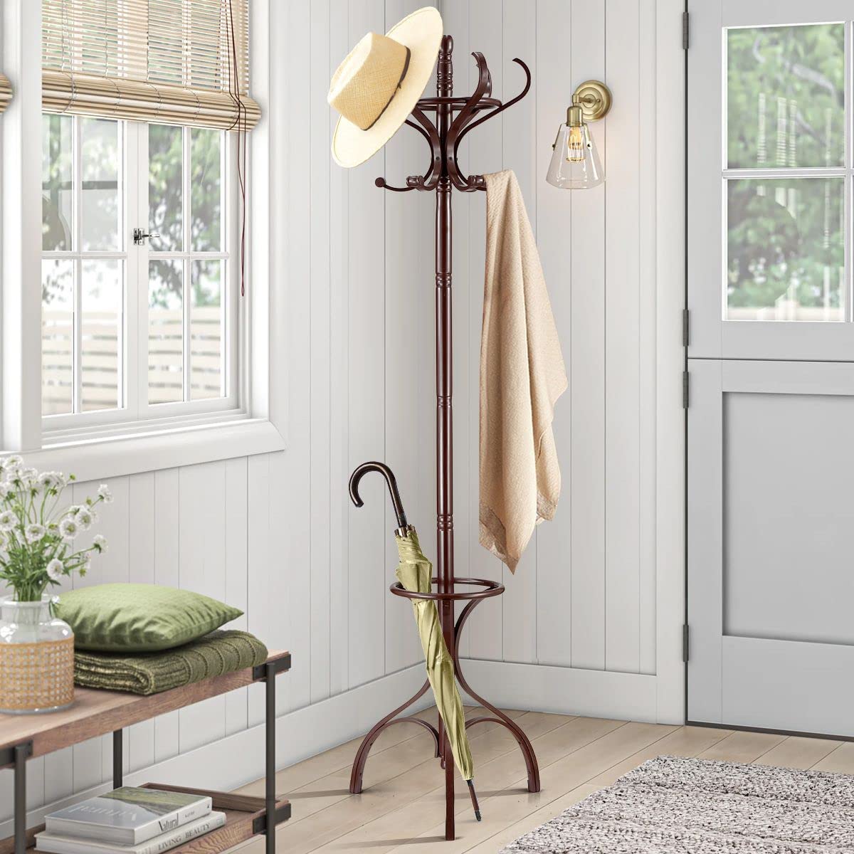 Solid Wood Coat Rack Stand 12 Hooks Freestanding Hall Tree Hanger Organiser for Clothes Hat Jacket Umbrella Walnut Brown