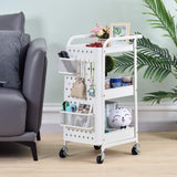 Storage Trolley, 3-Tier Rolling Cart, Utility Cart Metal Shelving with Peg Board Hooks Baskets Handles Locking Wheels, Mobile Storage Rack for Kitchen Office Garage Home (White)