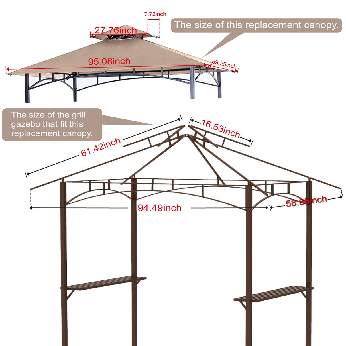 8' X 5' Grill Shelter Replacement Canopy roof ONLY FIT for Gazebo Model L-GZ238PST-11 Beige with Rip Lock Technology