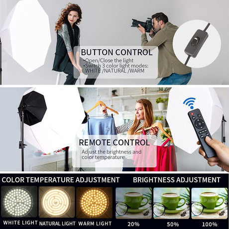 Octagonal Softbox Lighting Kit,360 Degrees Filling Light Photography Lighting Studio Light with 85W E27 3000-6500K Dimmable LED Light Bulb for Live Streaming, Portrait Photography, Video Recording (WHITE SOFTBOX)