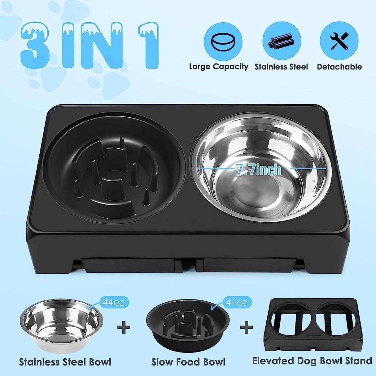 Elevated Raised Slow Feeder Dog Bowls, 4 Height Adjustable Dog Bowls Sstand with Stainless Steel Dog Water Bowl and Dog Slow Feeder Non-Slip Dog Food Bowls for Large Medium Small Dogs and Pets (Black)