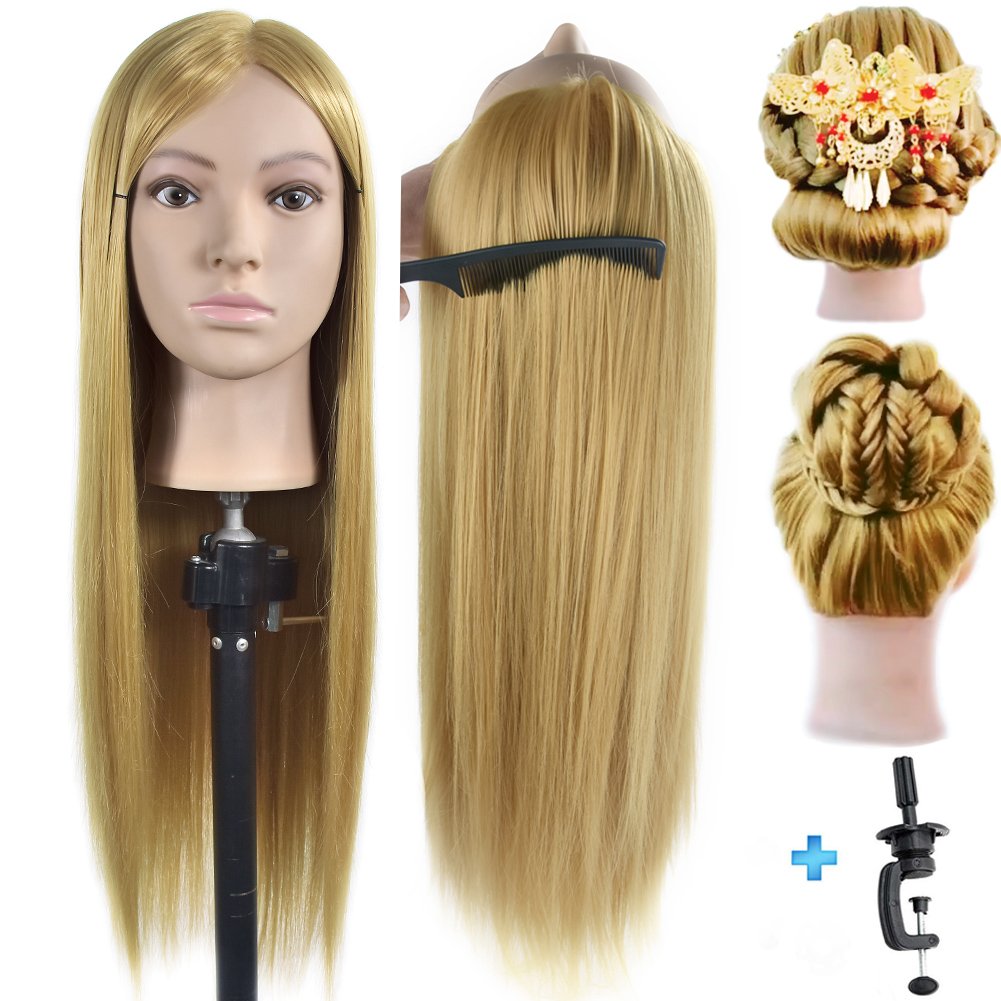 26"- 28" Mannequin Head 100% Synthentic Fiber Hairdresser Training Head Cosmetology Manikin Doll with Free Table Clamp Stand