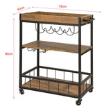 Industrial Vintage Style Wood Metal 3 Tiers Kitchen Serving Trolley with Wine Rack