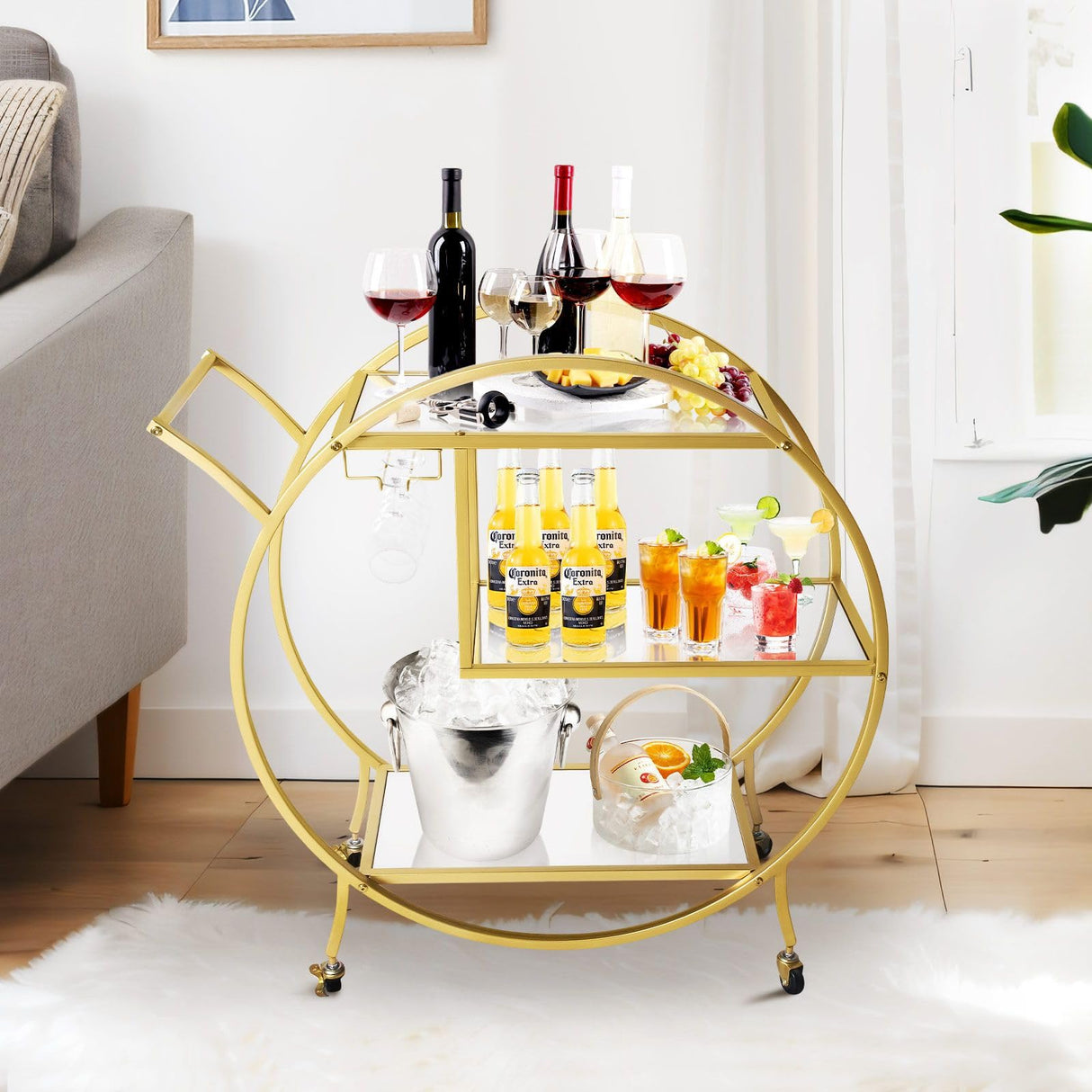 Round Bar Cart Glass Home Bar Serving Cart Drinks Wine Kitchen Serving Trolley with 3 Mirror Shelves & Glass Holder Gold