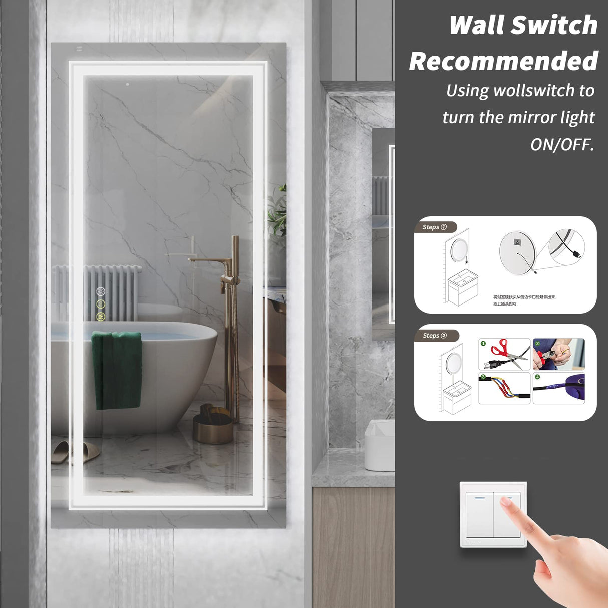 Rectangular LED Bathroom Mirror: 1050x500mm Illuminated Wall Mounted Vanity Mirror with Anti-Fog Touch Button Double Lighting Backlit Mirror for Makeup Shaving Dressing Horizontal or Vertical