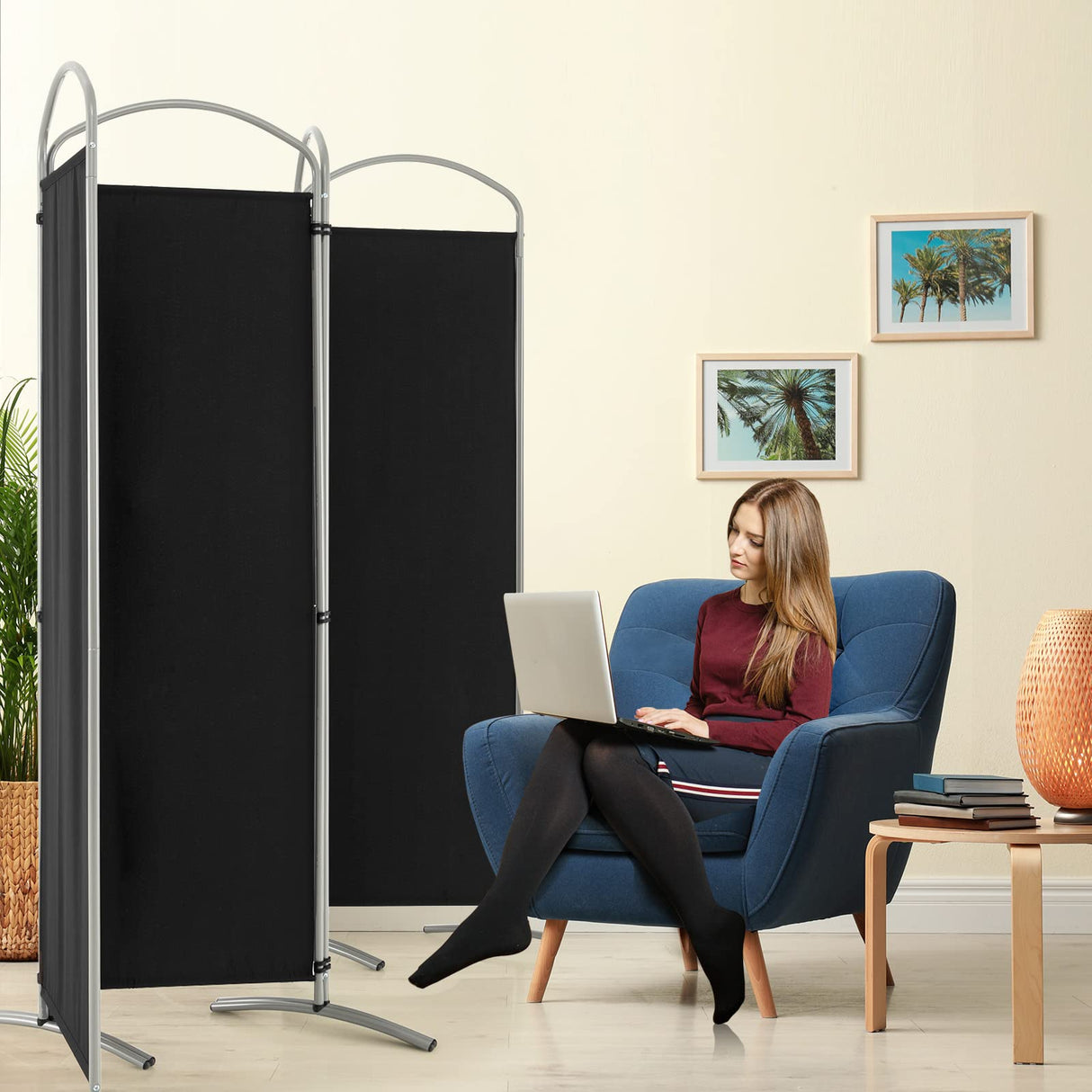 4-Panel Room Divider, Folding Privacy Screen, Portable Polyester Fabric Wall Divider and Separator, Freestanding Privacy Protection for Living Room, Bedroom, Office (Black)