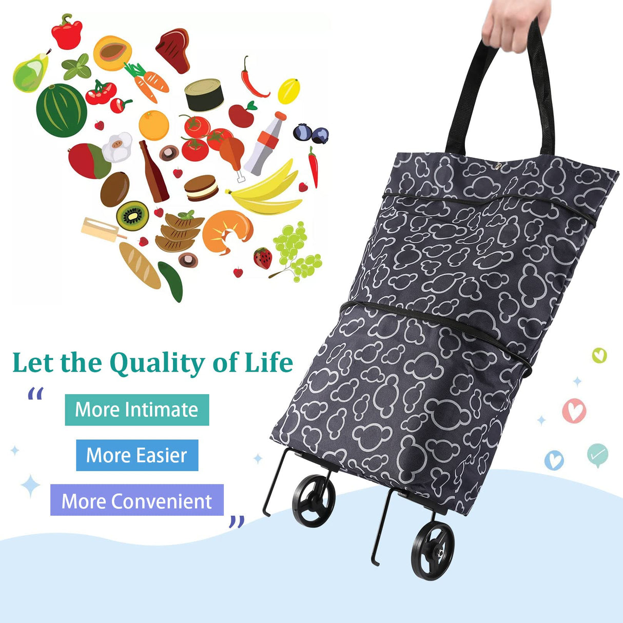 Foldable Shopping Bag with Wheels, Collapsible Trolley Bag on Wheels for Women, Reusable Shopping Trolley Dolly, Heavy-Duty Capacity Bag Gifts for Woman #7306