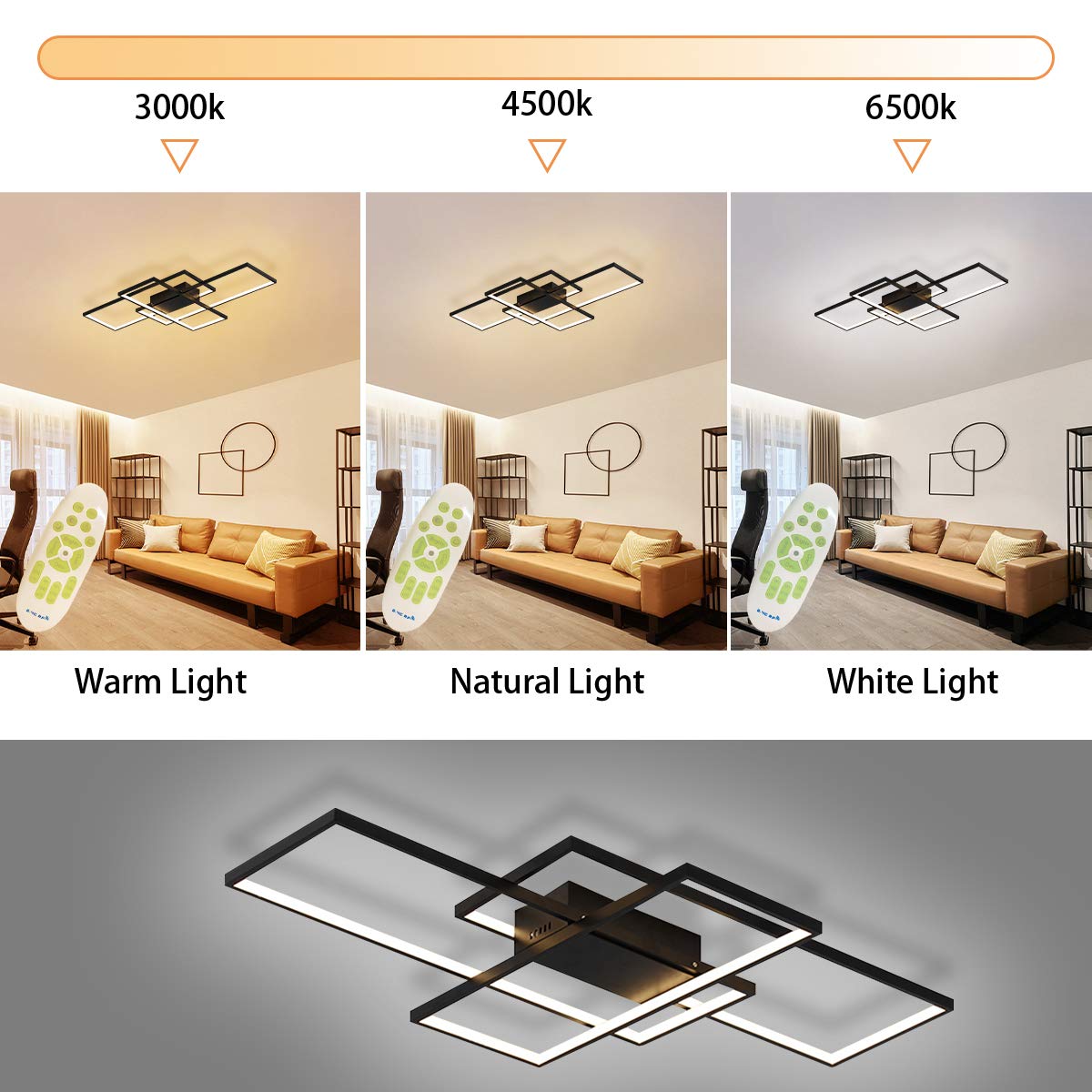 Dimmable Ceiling Light,3 Squares Modern LED Ceiling Lamps with Remote Control,50W Acrylic Flush Mount Ceiling Light Fixture for Living Dining Room Bedroom Kitchen(Black)