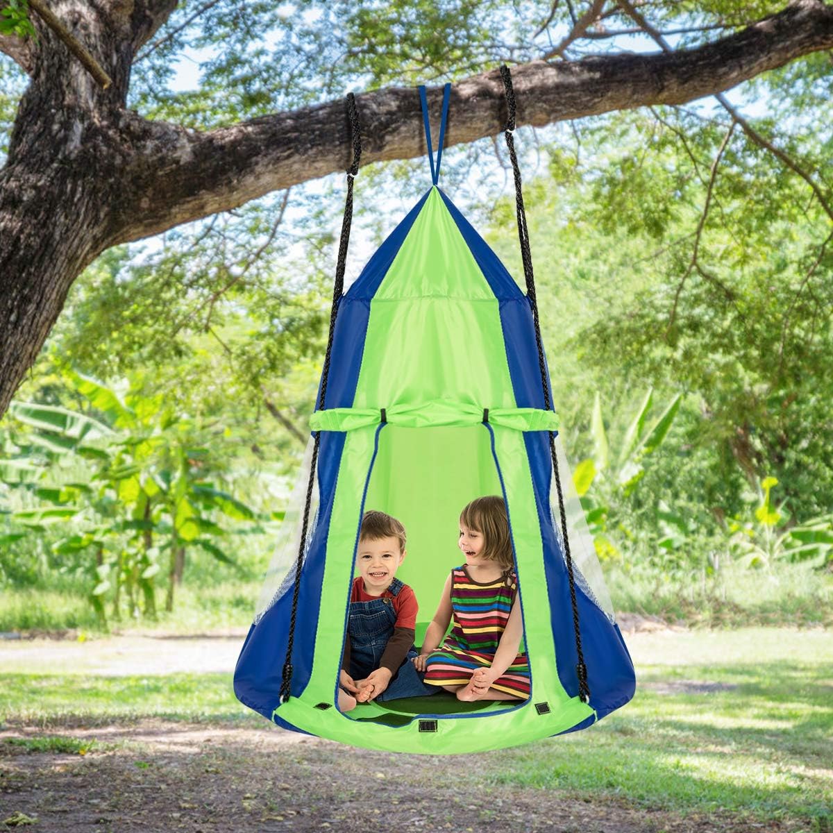 100cm 2 in 1 Kids Detachable Tree Tent Swing Set, Nest Hammock Chair and Swing Seat, Giant Hanging Pod Play House Adjustable Hanging Ropes, 300KG Capacity, Hanging Tree House Tent for Children