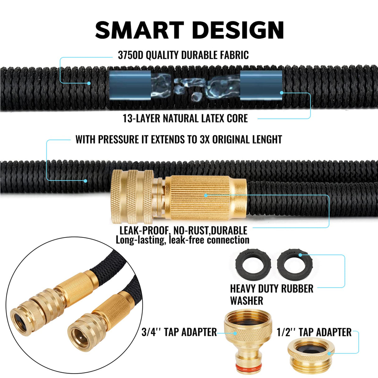 Garden Hose Expandable, Leakproof Lightweight, Retractable Collapsible Water Hose with 9 Function Zinc Spray Hose Nozzle, 3/4 Extra-Strong Solid Brass Connectors, Easy Storage Kink Free Flexible Gardening Pipe, Superior Strength 3750D, 13-Layers Latex (25