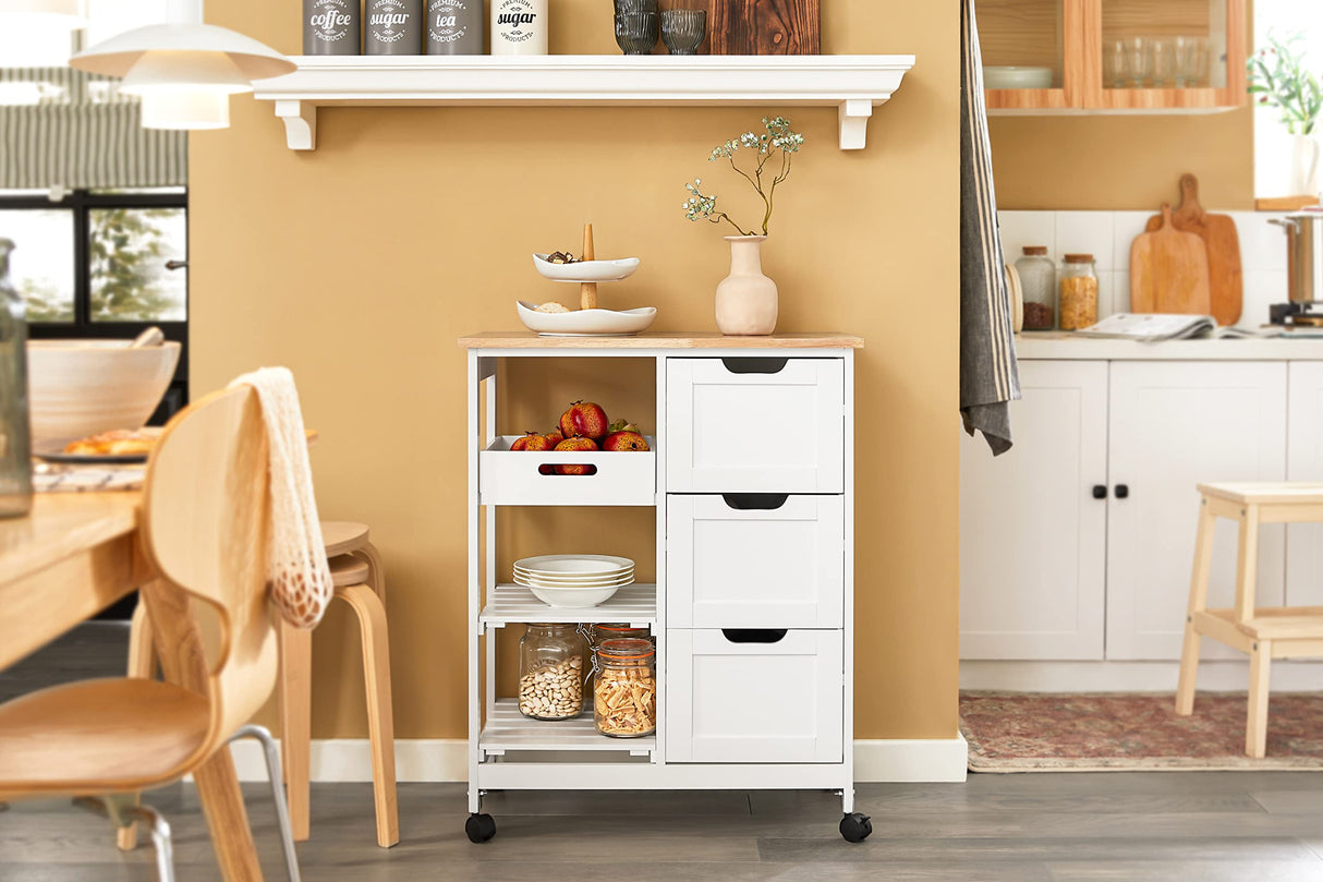 Kitchen Serving Cart with 3 Drawers and Removable Tray,Kitchen Storage Trolley,White