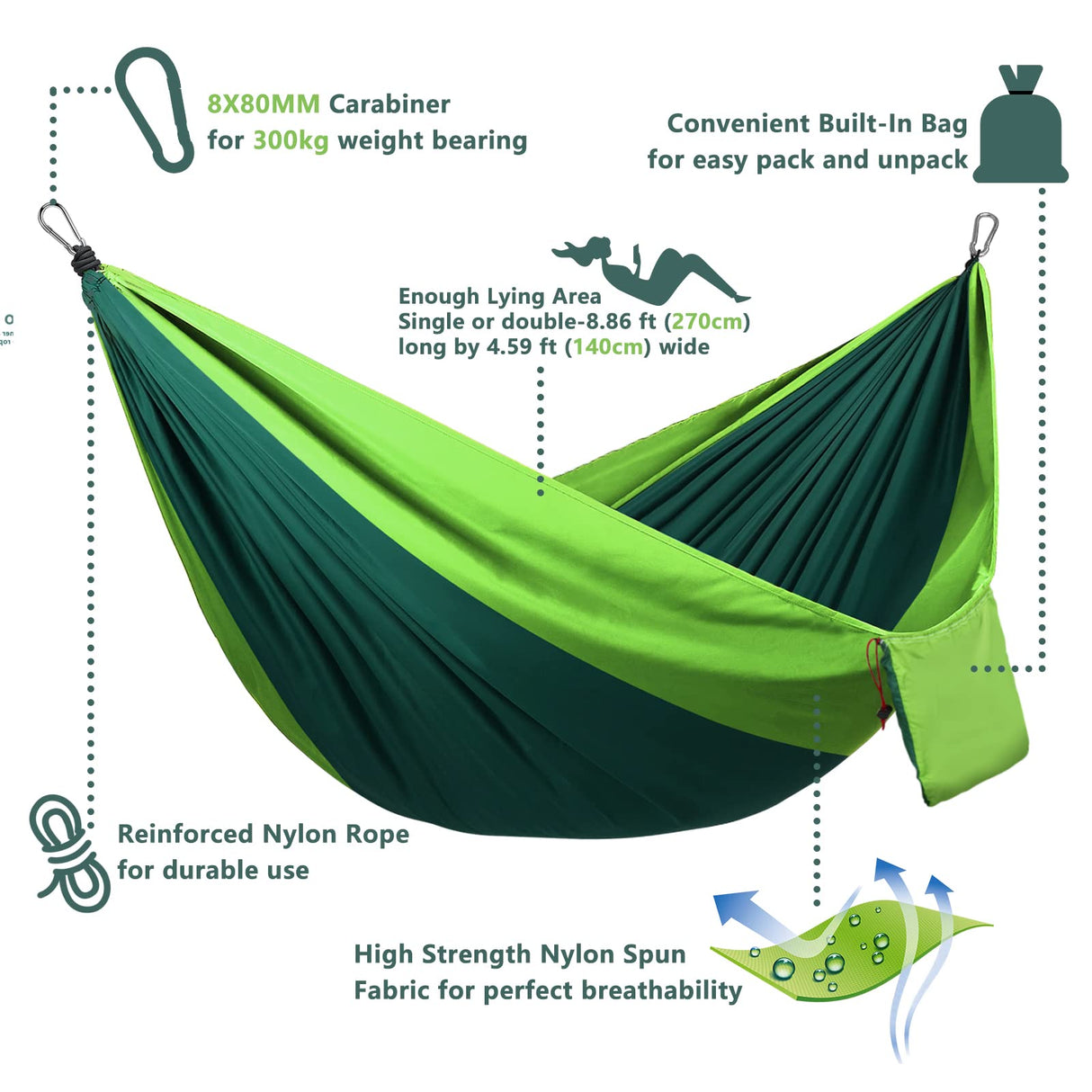 Outdoor Camping Hammock - Double & Single Portable Hammocks for Trees with Adjustable 2 Ropes for Travel, Hiking, Beach, Camping, Backpacking