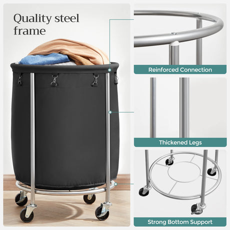 Laundry Basket with Wheels, Rolling Laundry Hamper, Round Laundry Cart with Steel Frame and Removable Bag, 4 Casters and 2 Brakes, Black and Silver URLS001B01