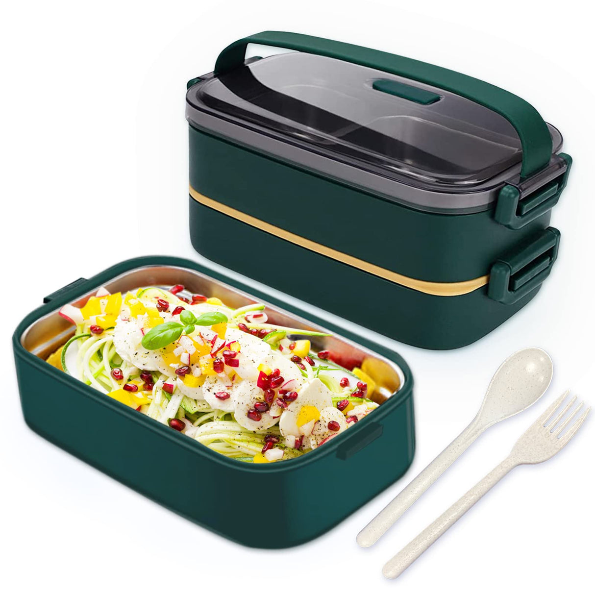 Bento Lunch Box, Stackable Lunch Box Container Cute Lunch Boxes for Kids With Utensils, Leakproof Lunch Containers for Adults, Dishwasher & Microwave Safe Japanese Bento-Food Storage Containers (Green)