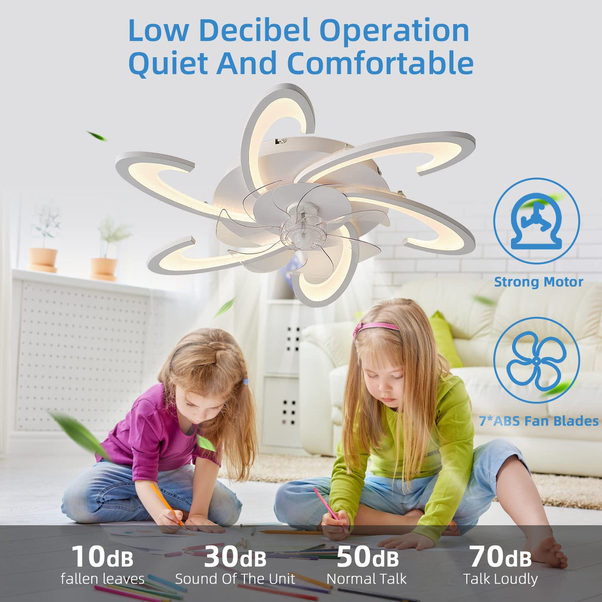 Low Profile Ceiling Fans with Lights and Remote/APP Control,3 Light Color Changes，6 Wind Speed Modes,Flush Mount Ceiling Fan Light,Modern Ceiling Light with Fan for Bedroom/Study/Office 82cm