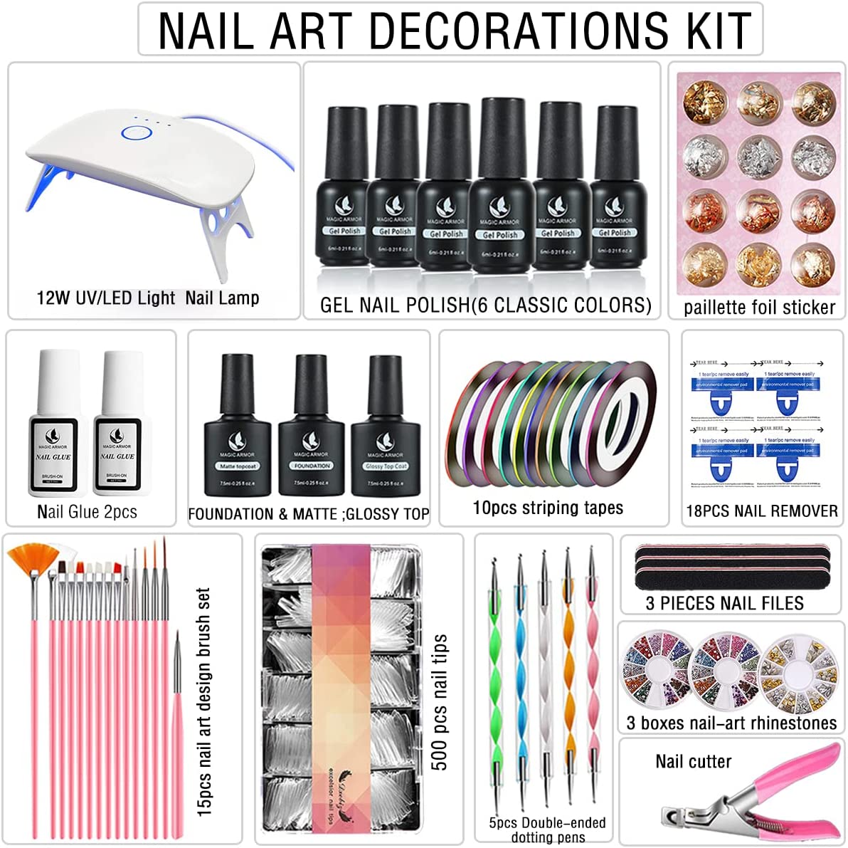 Acrylic Nail Kit with Everything Gel Nail Polish Set Starter Kit for Coffin Nails with 12W LED UV Nail Lamp Nail Art Tool Foundation & Base Top Coat Gel Nail Kit for Nails Acrylic Nail Kit