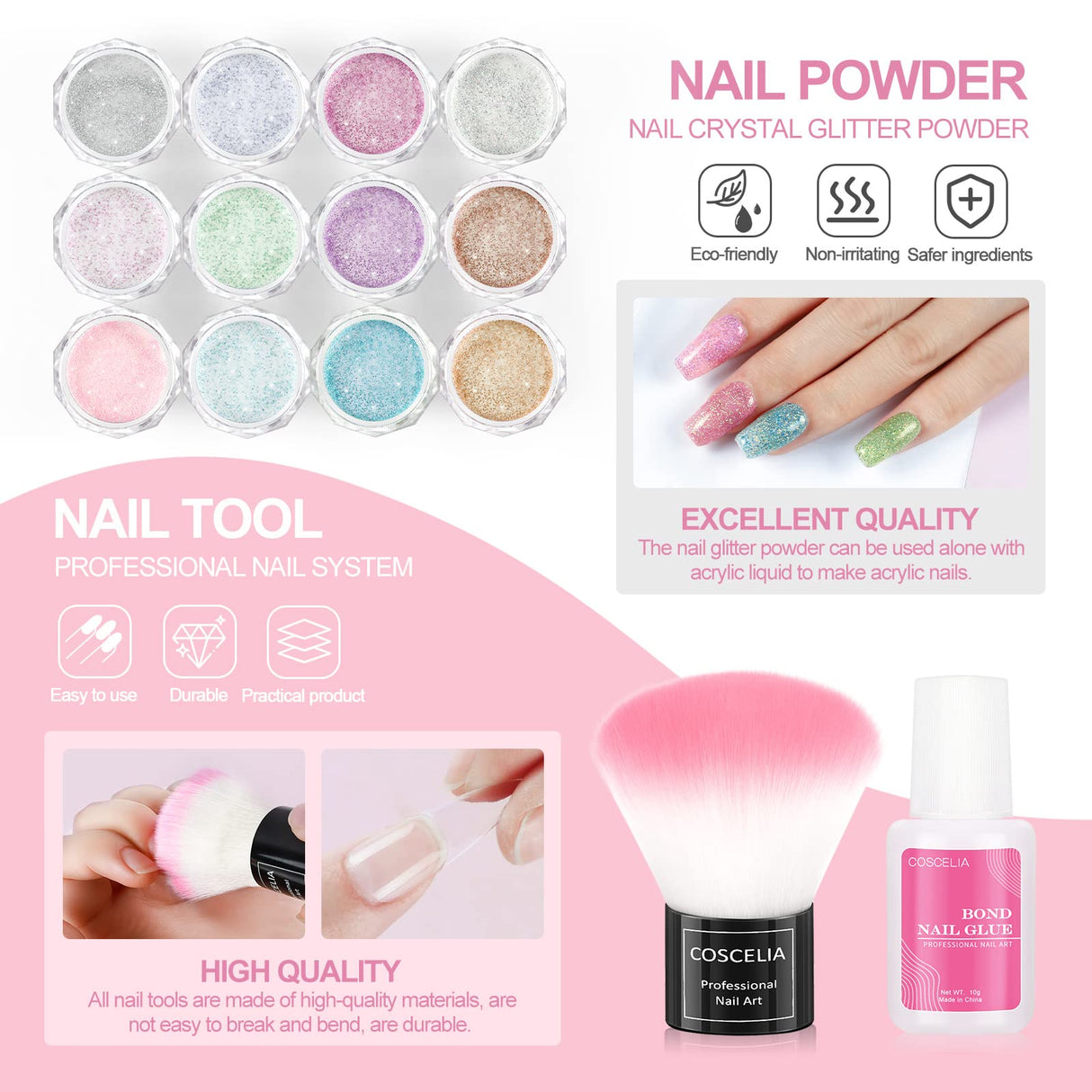 Acrylic Nail Kits Professional,White Pink Clear Acrylic Powder with Liquid Set,Nail Decoration Powder with Nail Rhinestone Nail Brush False Nail Tips for Manicure Builder