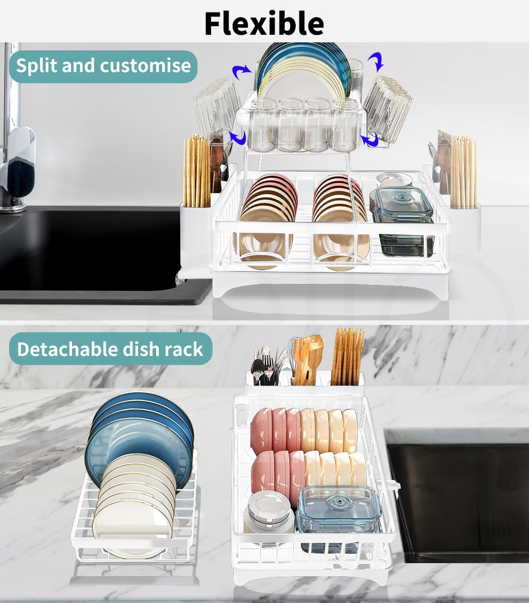 Detachable Dish Drying Rack Cutlery Drainer Utensiles Organizer Cup Kitchen Storage Drainage Board 2 Tier White